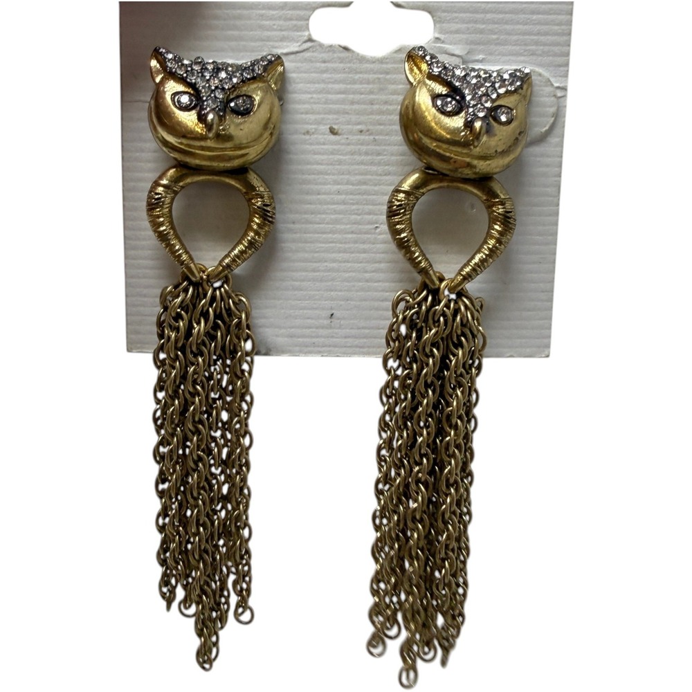Stella & Dot Owl Tassel Earrings Women Gold Tone Pavé Crystals Dangle Pierced